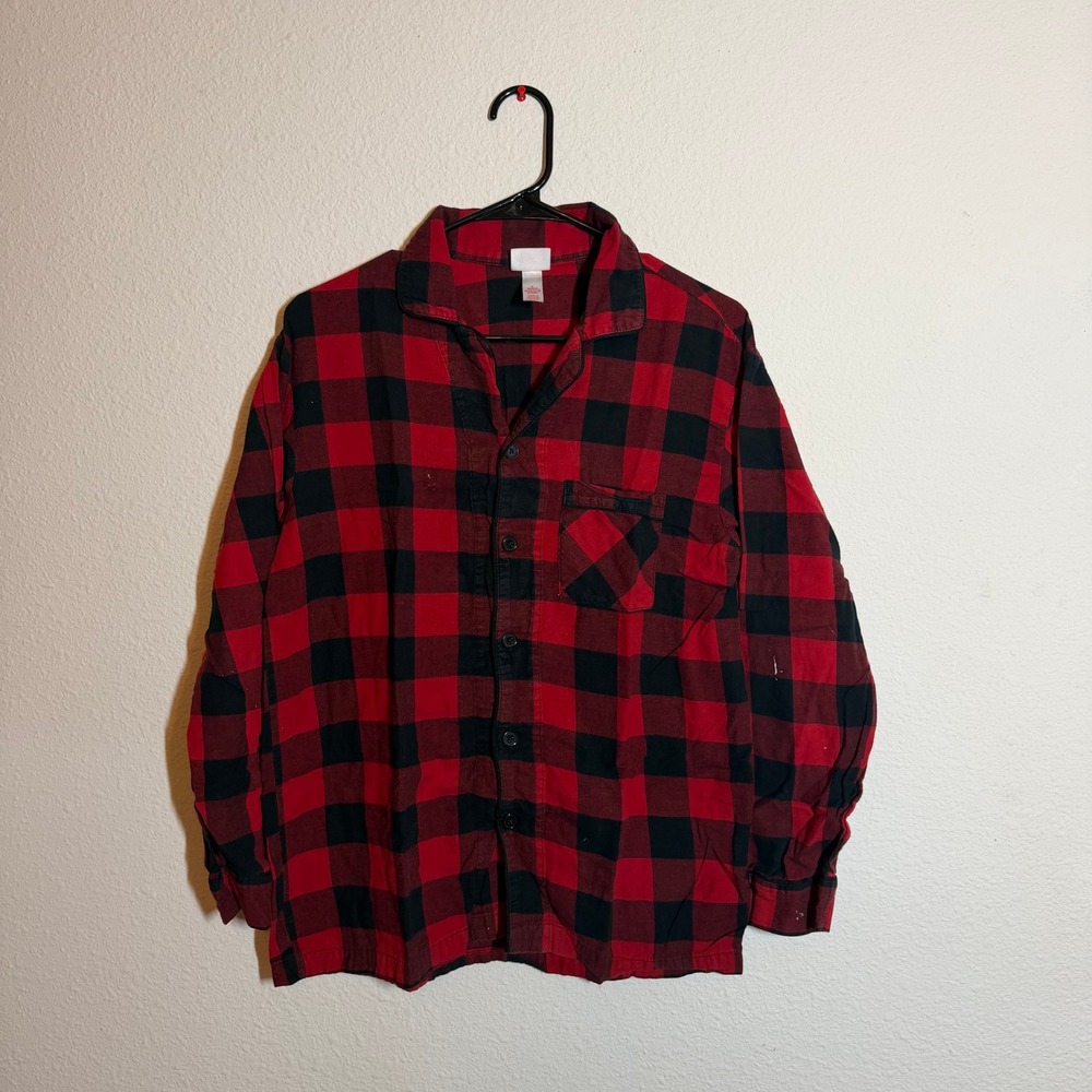 Mens Red Black Buffalo Plaid Pajama Shirt Button Front Sleep Top Size S